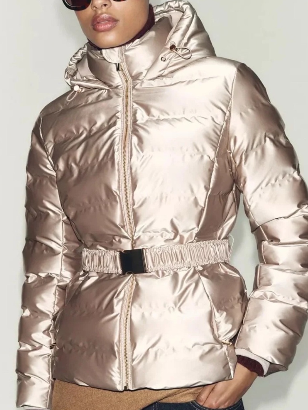 Zara Metallic Champagne Belted Puffer Jacket with Hood